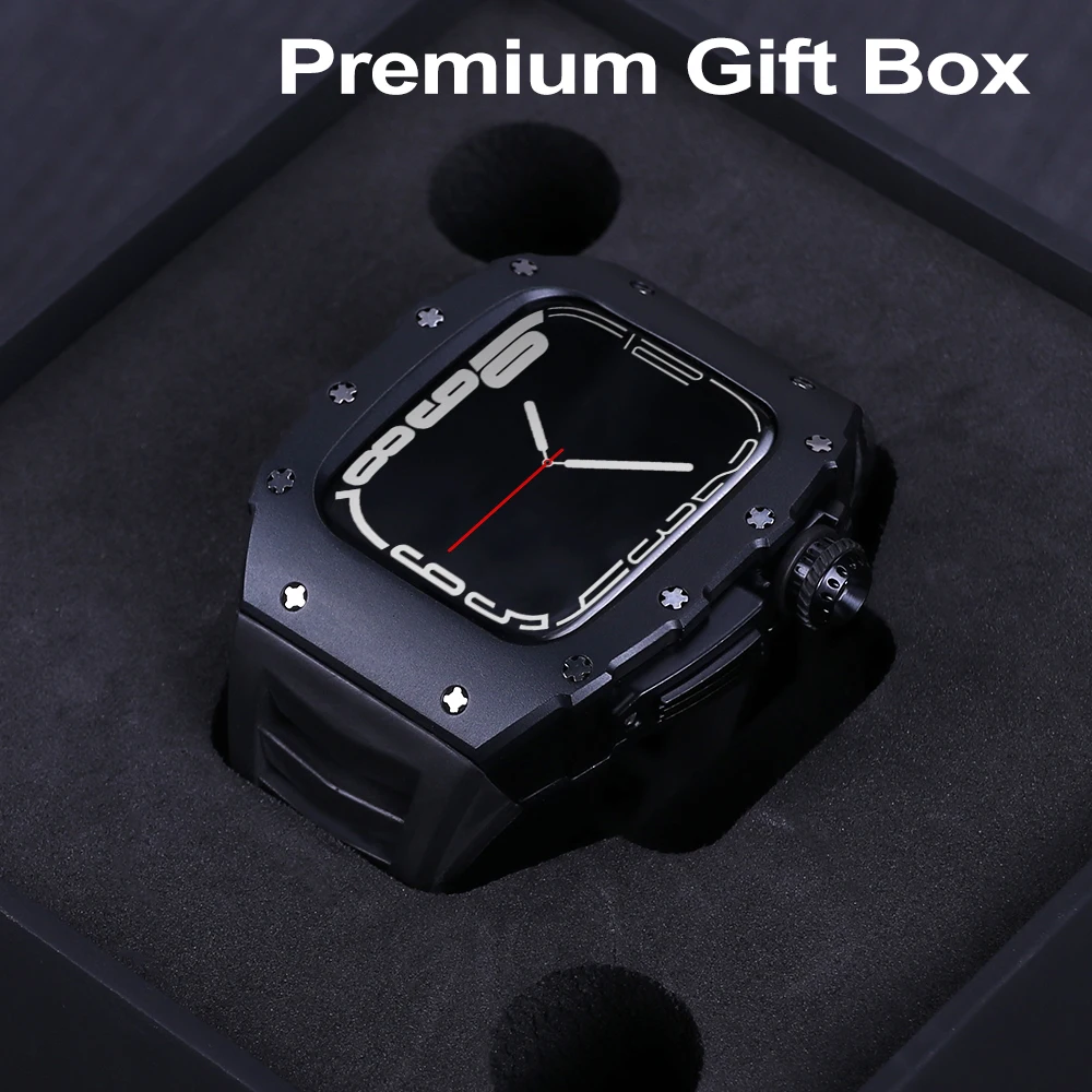 Luxury Metal Case Bracelet for Apple Watch 8 7 45mm Rubber Sports Band IWatch 6 5 4 SE 44MM Aluminum Alloy DIY Modification Kit