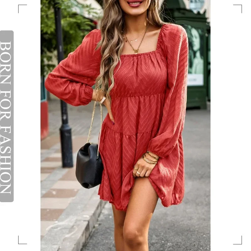 

Женское платье с длинным рукавом, элегантное платье абрикосового цвета с квадратным вырезом, осень 2023