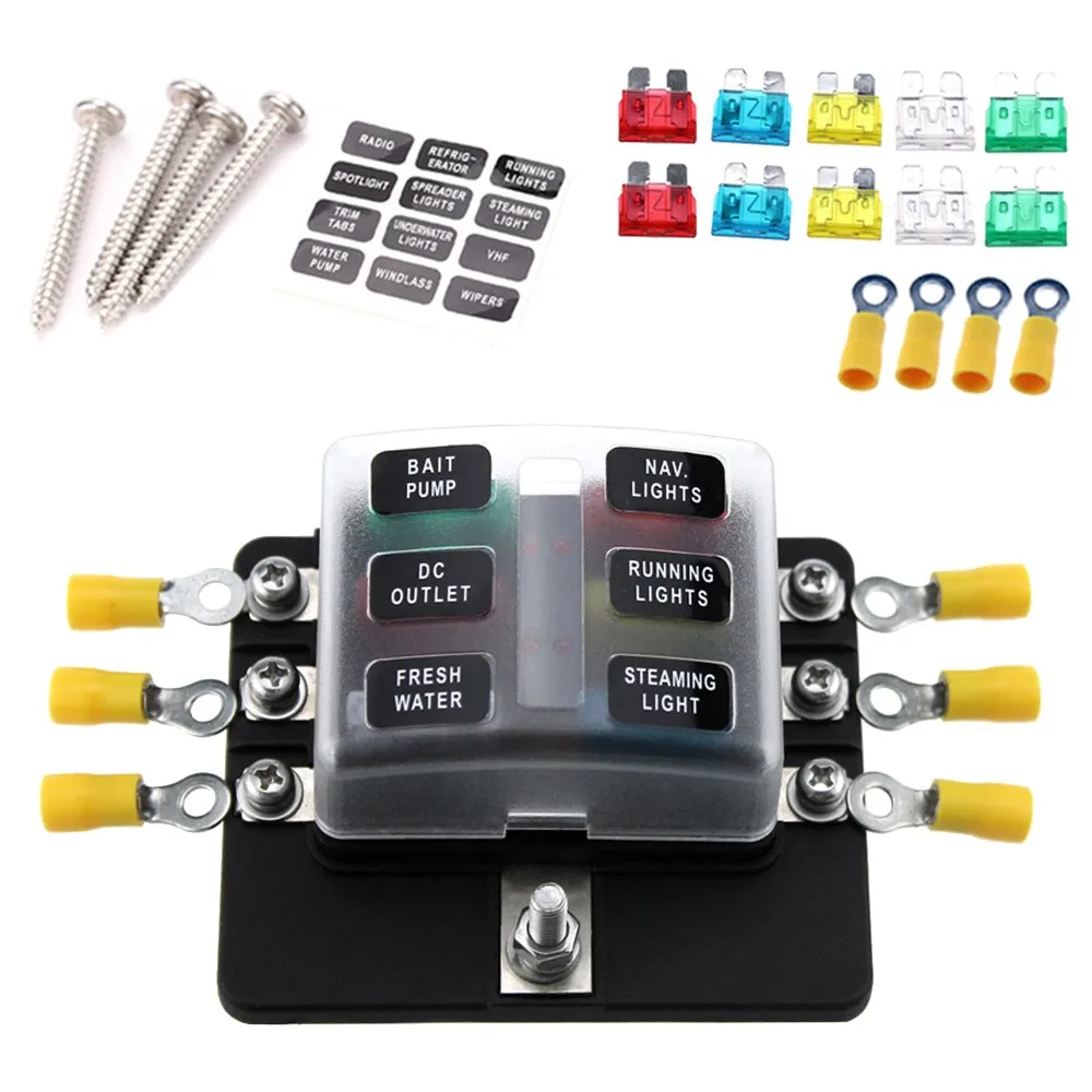 

6 Way Blade Fuse Box Holder Standard Blade Fuse Blocks with LED Indicator 10Pcs Fuses