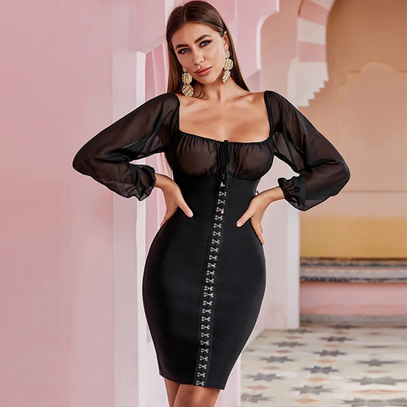 

Women Long-sleeved Mesh Low-neck Field Exposed See-through Dress Bandage Hip Dress Sexy Dress