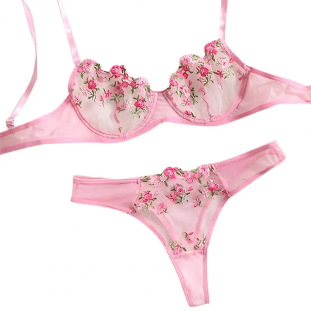 

Women Bra Briefs Set Sexy Hollow Out Sweet See-through Mesh Flower Embroidery Decor Underwear Set Bra Underpants Suit
