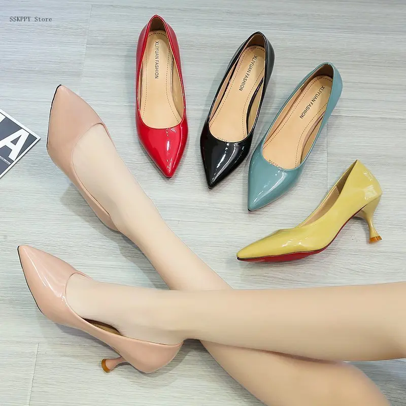 

6.5 Cm Fashion High Heels Dress Shoes Patent Leather Women's High Heels Pointed Toe Boat Shoes Stiletto Office Ladies Shoes