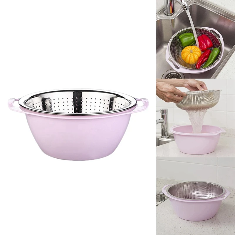 

Double Stainless Steel Colander Fruit Basket Bowl Washing Kitchen Strainer Noodles Fruit Gift Basin Wash