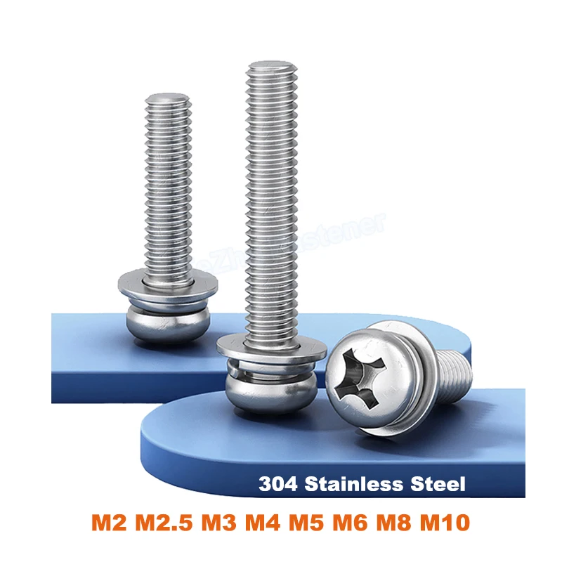 1-30pcs M2 M2.5 M3 M4 M5 M6 M8 M10 304 A2 Stainless Steel Cross Phillips Pan Round Head Three Combination Screw Bolt With Washer
