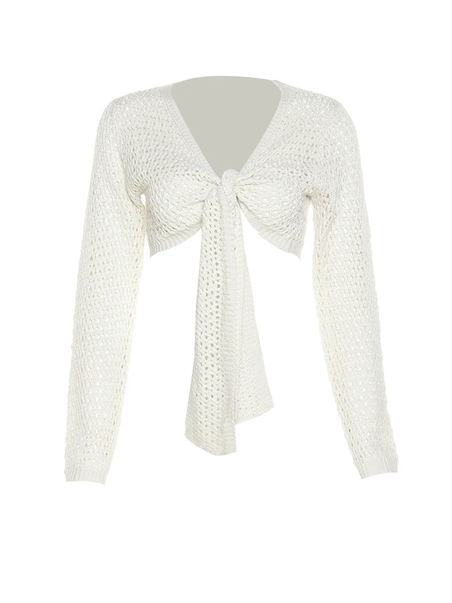 

Women Y2k Cardigan Front Tie-up Knit Long Sleeve V Neck Crochet Hollow Out Crop Tops Fairy Aesthetic Shrug