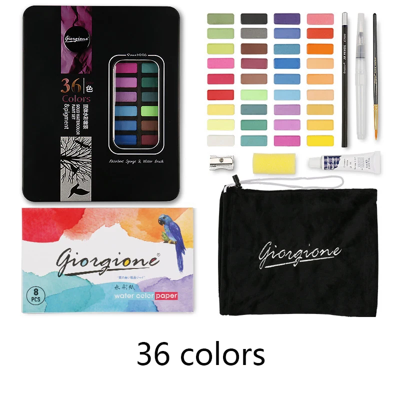 

Watercolor Paint Set with 36 Vivid Colors, Artist Brush, Pencil, Sharpener, Water Brush Pen, White Pigment, Sponge, Papers, Bag