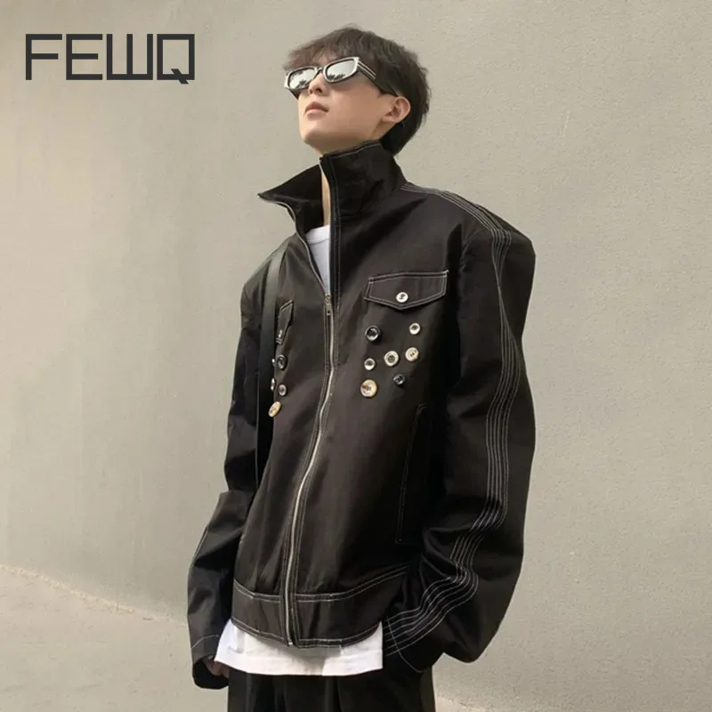 

FEWQ Men's Jacket American Niche Button Design Shoulder Pad Loose Casual Trend 2023 Solid Color Long Sleeve Male Tops 24X1940