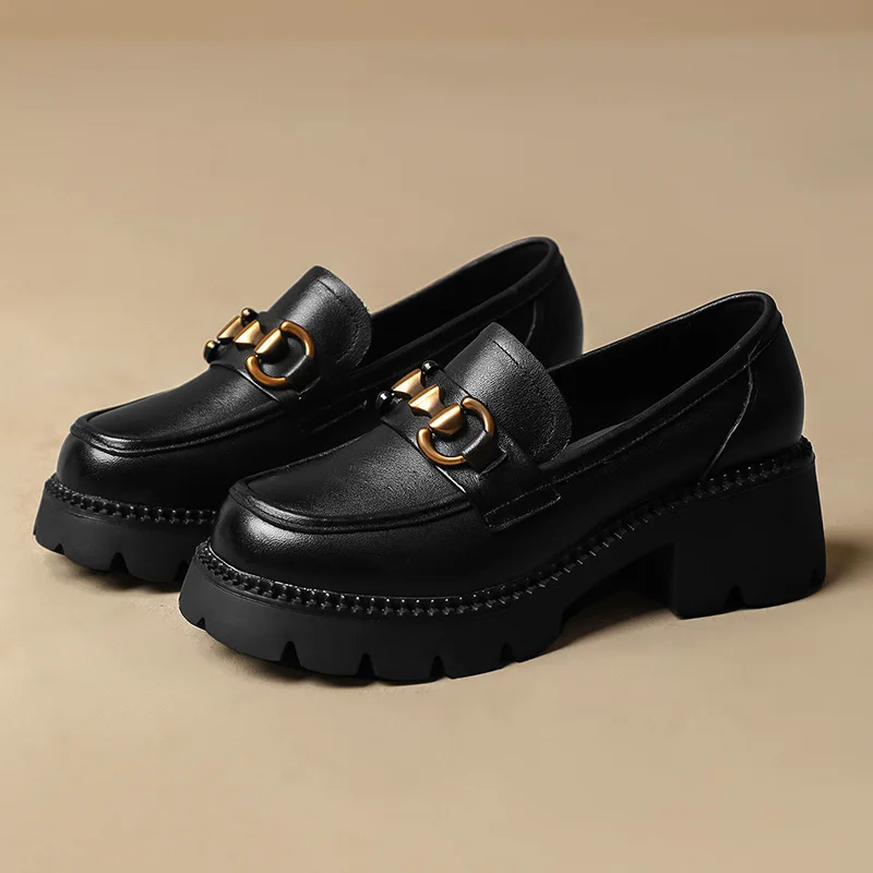 Platform Punk Women Loafers Cow Leather Round Toe Black Brown Metal Chain Oxfords Shoes Retro Slip on Flats for Women Handmade