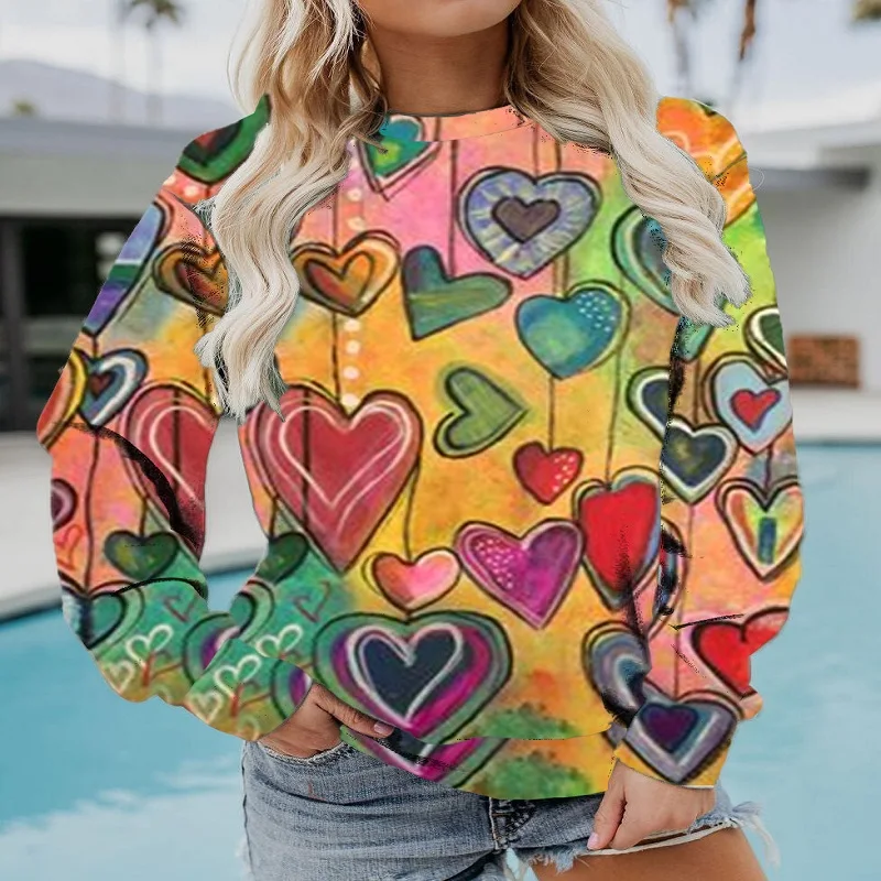 Spring and Autumn love pattern retro 3D printed women's pullover fashion sports color couple matching hoodie