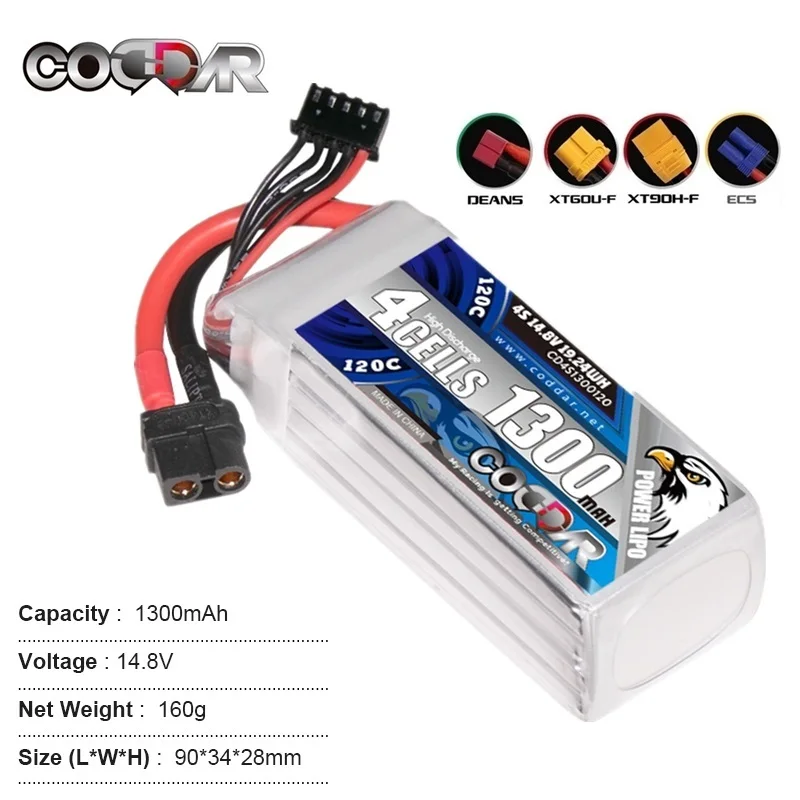 

Аккумулятор CODDAR 4S Lipo 14,8 в 1300 мАч 120C с разъемом XT60 для радиоуправляемого автомобиля, квадрокоптера, вертолета, лодки, радиоуправляемого самол...