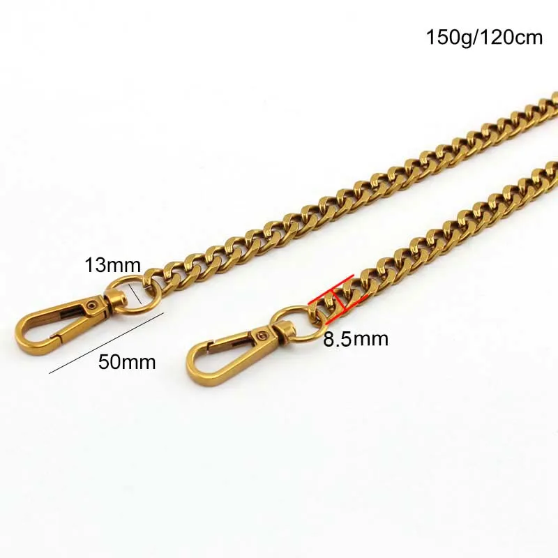 1 piece 8.5mm wide 40cm-130cm Old Gold tone chains shoulder strap,new ladies bags purse curb chain long chain