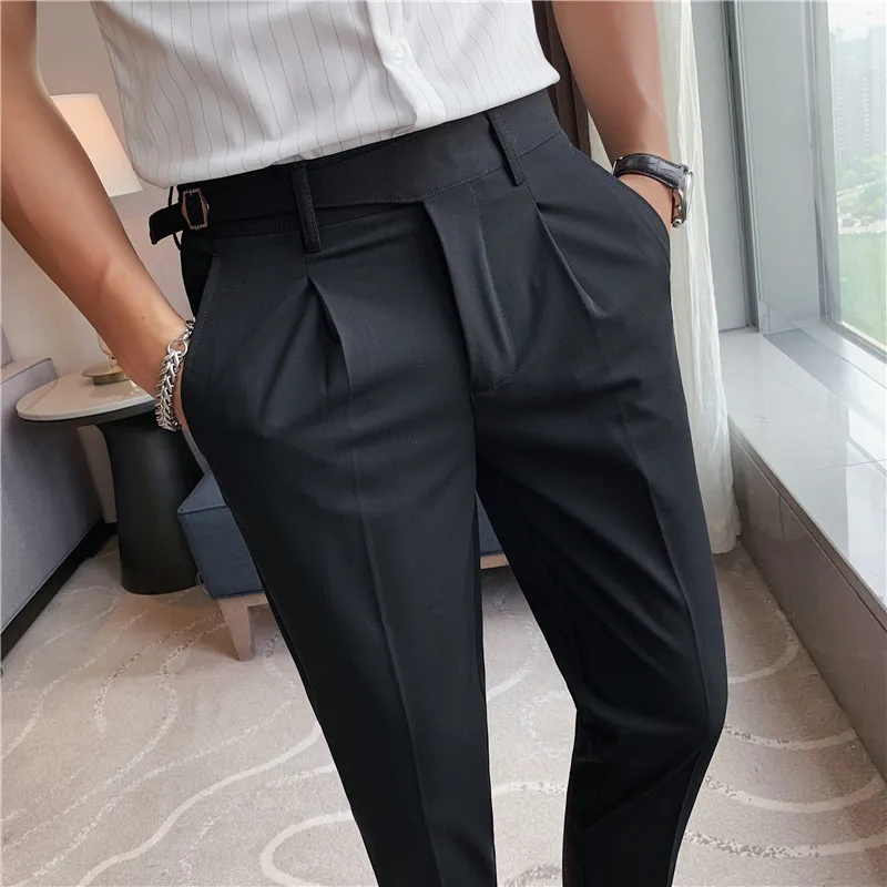 

Slim Social Trousers High Pants Pantalon Suit Fit Elasticity Men Pants Formal Wedding Ankle Business Dress Office Quality Casual