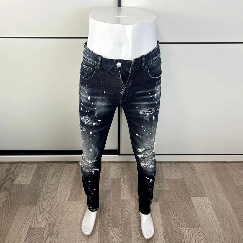 Jeans Retro Black Blue Elastic Slim Hole Ripped Jeans Men Be