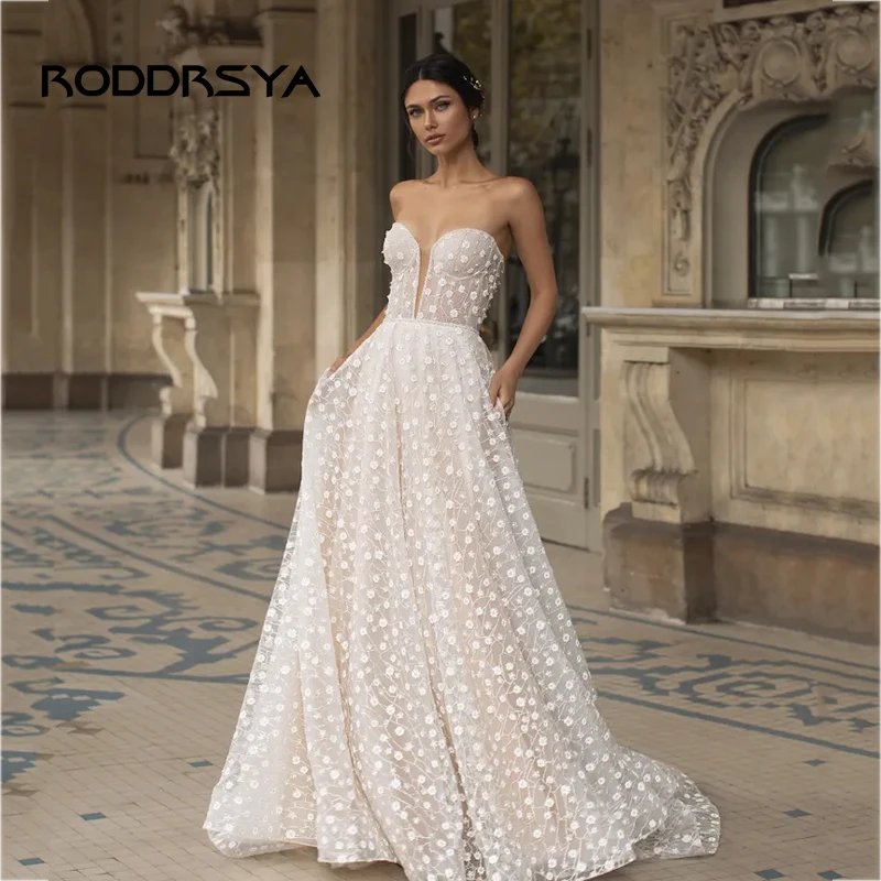 

RODDRSYA Sexy Sweetheart Wedding Dresses Delicate Lace Sequined Illusion vestidos de noiva Elegant A-Line Sleeveless Bridal Gown