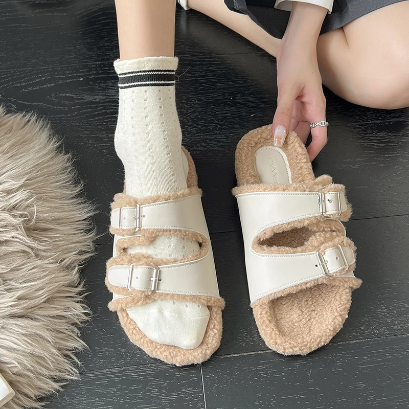 

Женские универсальные пробковые Повседневные тапочки, шлепанцы из шерсти и плюша, модные тапочки, хлопковые тапки для улицы, Осень-зима