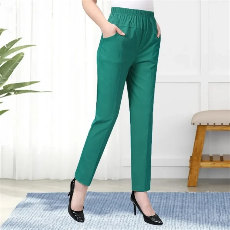 Однотонные эластичные женские брюки с высокой талией для мам осенние