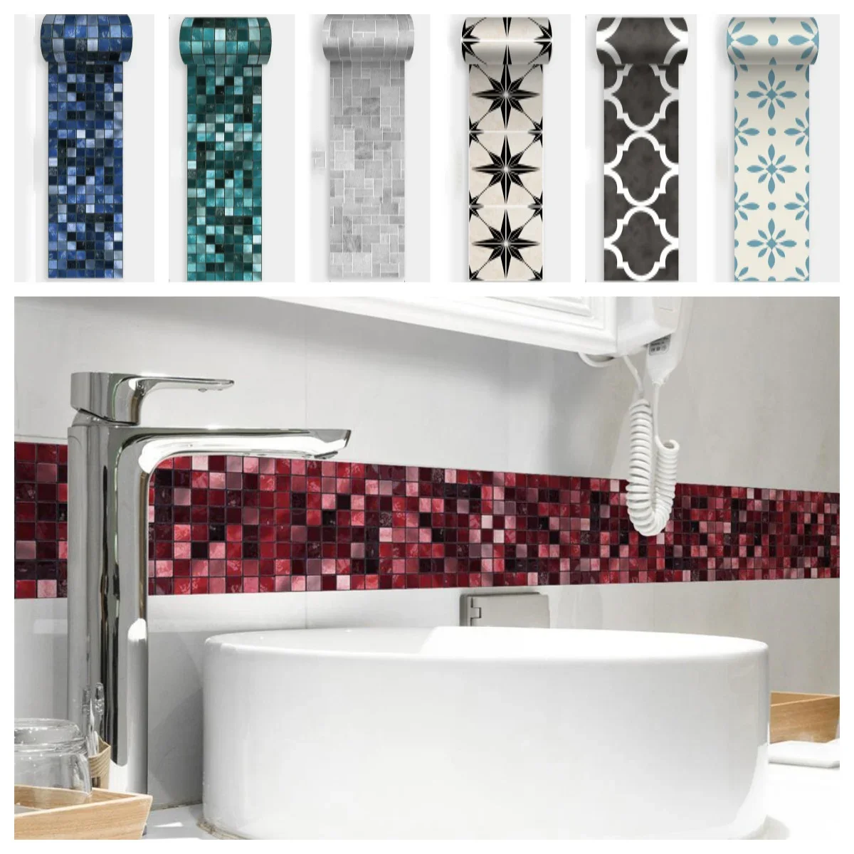 Красная мозаичная водостойкая Талия для ванной настенные Стикеры самоклеящееся