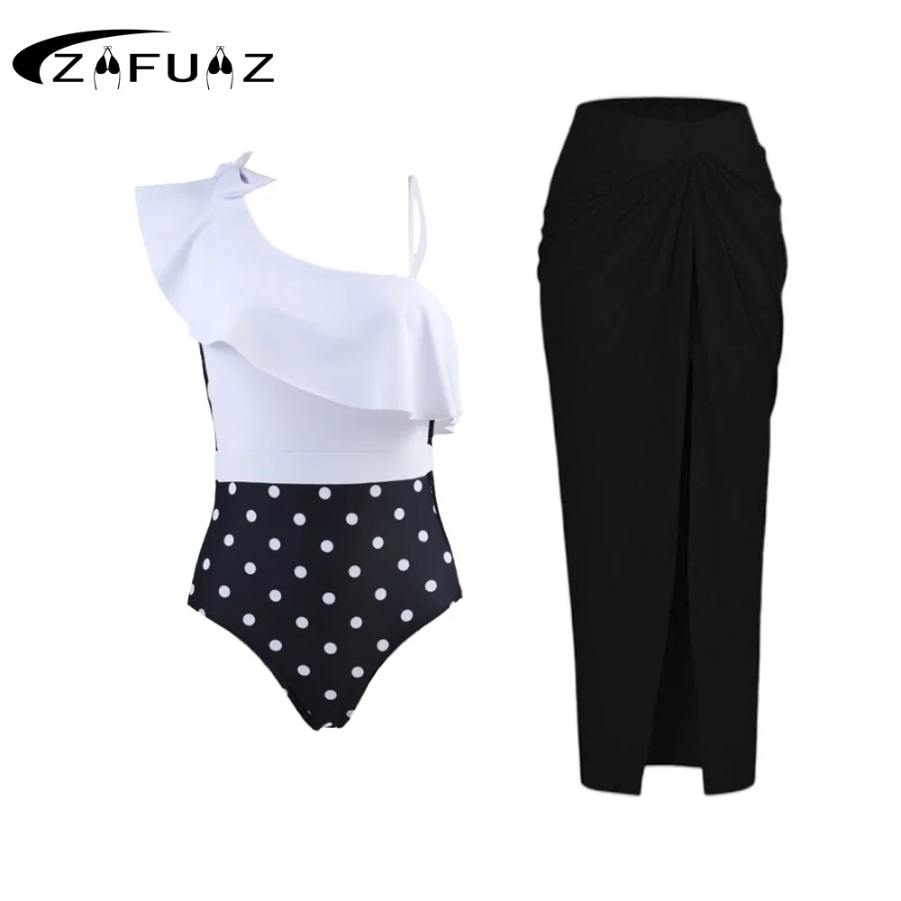 

ZAFUAZ Sexy Ruffle Single Shoulder Bikini Set Women Lace Mesh Retro One Piece Swimwear Skirt Swimsuit Beach Swimming Suit Dress
