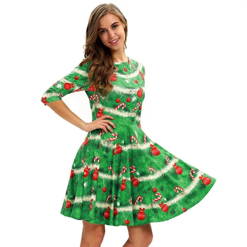 Купи Christmas Dress 3D Ugly Christmas Print Round Neck Casual A-Line Dress Christmas Round Neck Fancy Dress For Women S-XL за 523 рублей в магазине AliExpress