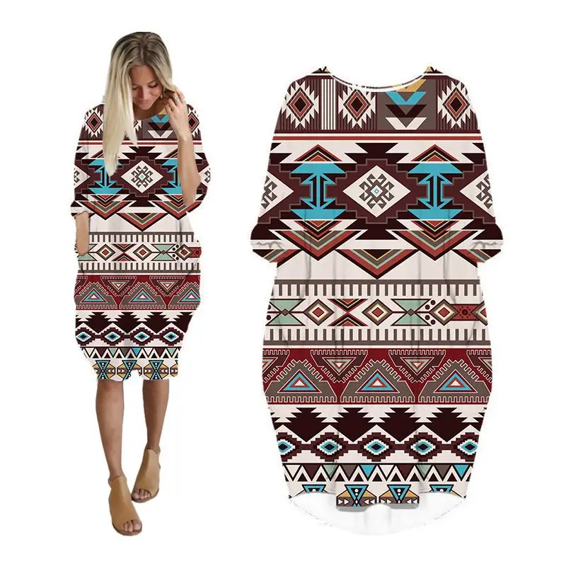 

midi dresses womens bohemian print plus size fashion long sleeve woman clothes streetwear casual ladies clothing female dress