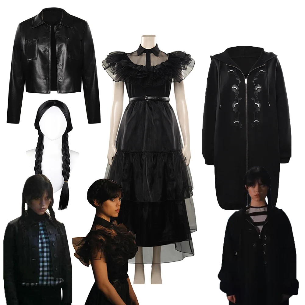 

Wednesday Addams Wednesday Cosplay Costume Outfits Halloween Carnival Elegant Black Party Maxi Dress Wigs Coat For Women Girls