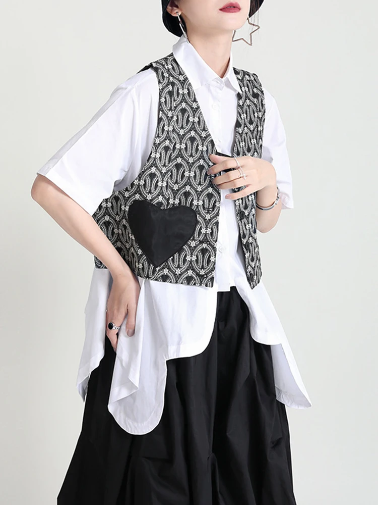 Женский Повседневный короткий жилет EAM черный Свободный с v-образным вырезом без