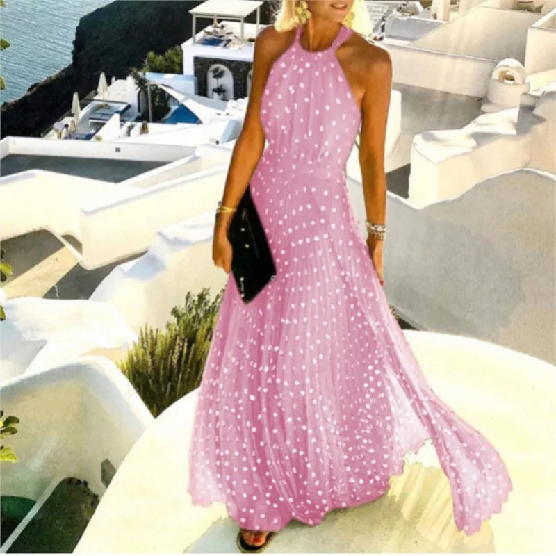 Женское полиэстеровое платье макси в горошек