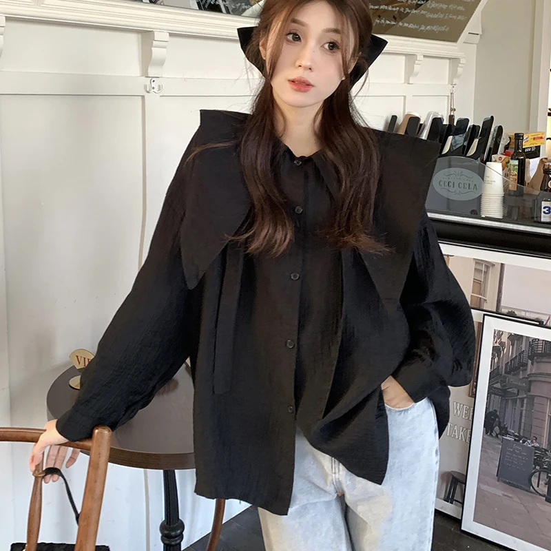 

Модные новые рубашки с матросским воротником женские милые корейские свободные черные белые блузки с длинным рукавом на пуговицах женские топы