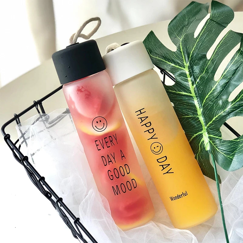 

Simple Frosted Glass Cup Portable Lucky Day Mug Fresh Cute Smile Face Tumbler Summer Outdoor Drinking Kettle 360ml Water Bottle