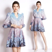 2022 spring and summer new womens high end temperament chic v neck lantern sleeve printed short mini fashion elegant dress