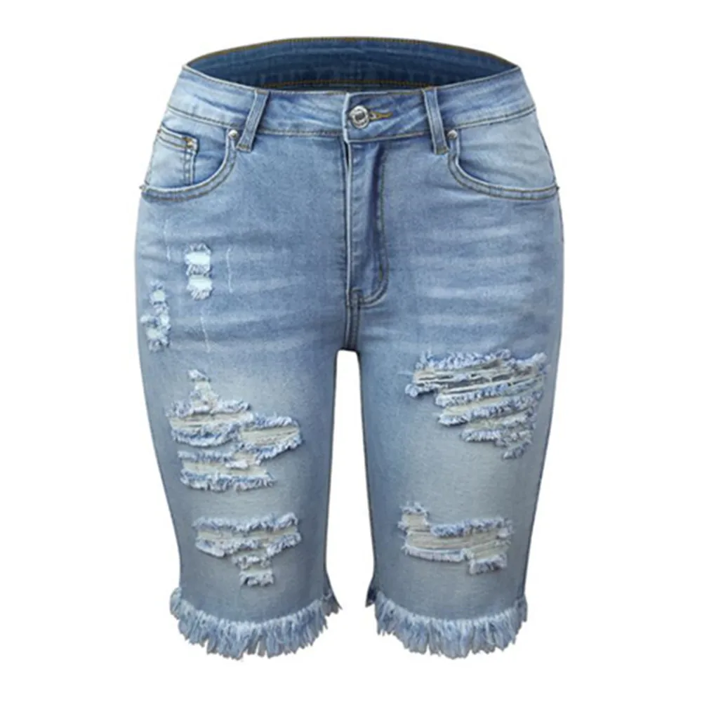 Solid Knee-length Denim Shorts Women Boyfriend Casual High Waist Ripped Wide Leg Shorts Jeans Summer 2023