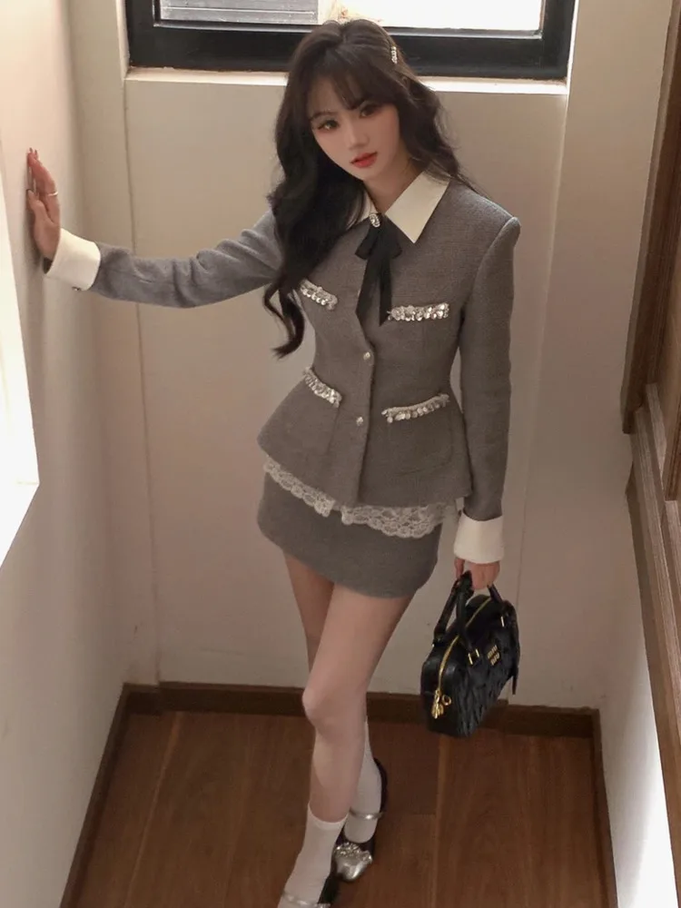 Корейская мода Осенние новые женские комплекты юбок из двух предметов в