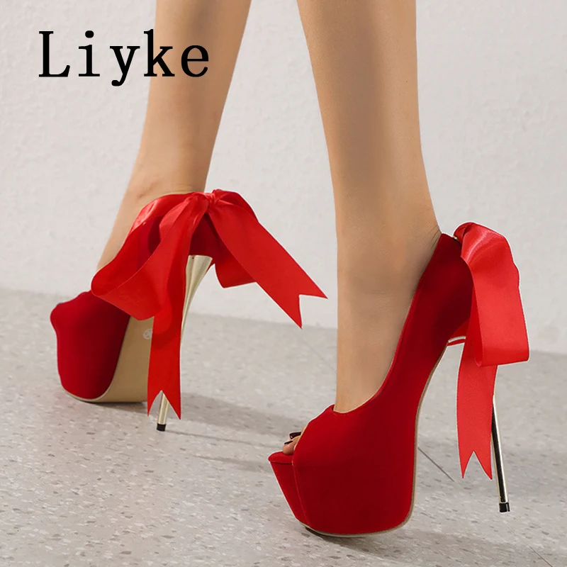 

Туфли Liyke женские на очень высоком каблуке, пикантные туфли-лодочки на платформе, с открытым носком, со шнуровкой, для клуба и вечевечерние Н...