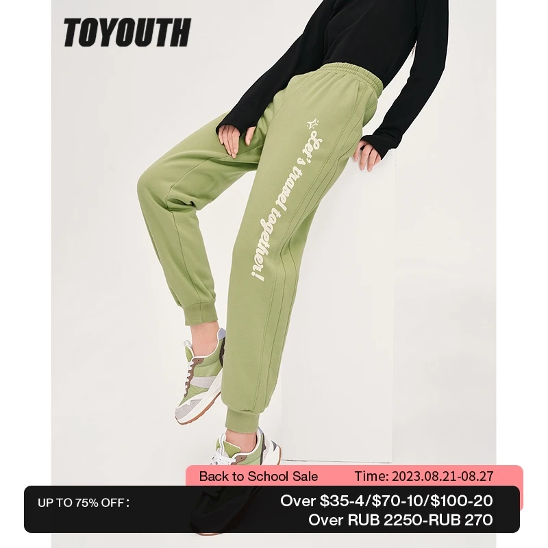 

Toyouth Women Fleece Sweatpants 2022 Winter Elastic Waist Straight Long Trousers Letter Print Black Green Warm Sport Pants