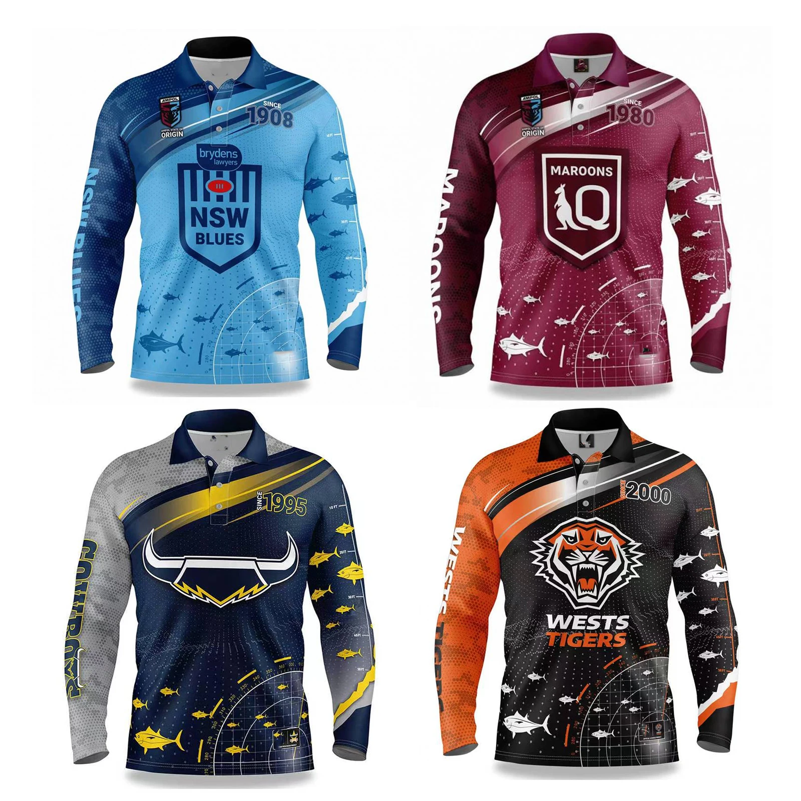 

2022 FishFinder Fishing shirts for NSW Blues QLD Maroons Cowboys Wests Tigers