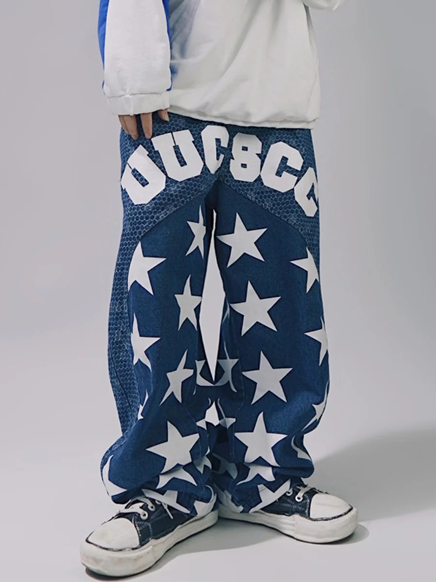 Y2k Clothes Men's Jeans Loose American Pentagram Print Straight Pants Loose Plus Size Workwear Wide Leg Pants Streetwear Denim