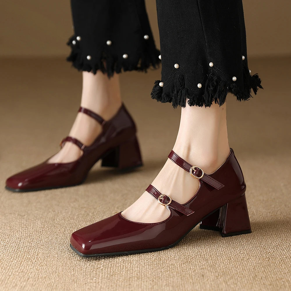 New Casual Womens Mary Janes Shoes Square Toe 6CM Heel Moccasin Shoe Woman Silver Pumps zapatillas ladies High Heels 42 43