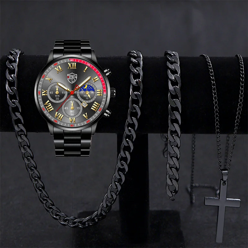 Часы наручные мужские кварцевые с календарем модные деловые светящиеся комплект