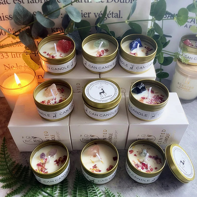 

Golden Tin Box Aromatherapy Candles Crystal Salt Stonedried Flower Scented Soy Wax Smokeless Candle Home Decoration candle jars