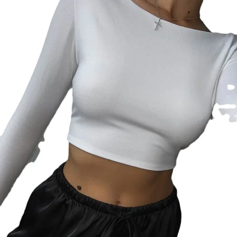 Осень 2024 новая сексуальная однотонная футболка с длинными рукавами и открытой