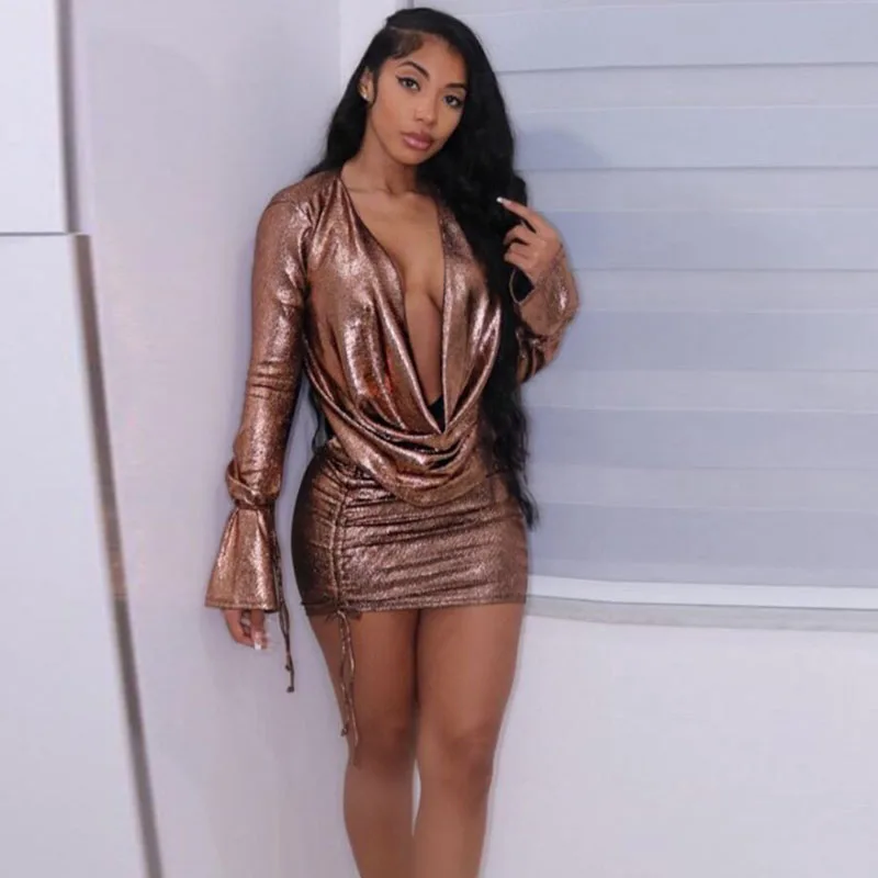 

Sexy Shiny Metallic Two Piece Set for Women Skirts Party Night Club Birthday Outfits Backless Top and Mini Skirt Matching Sets