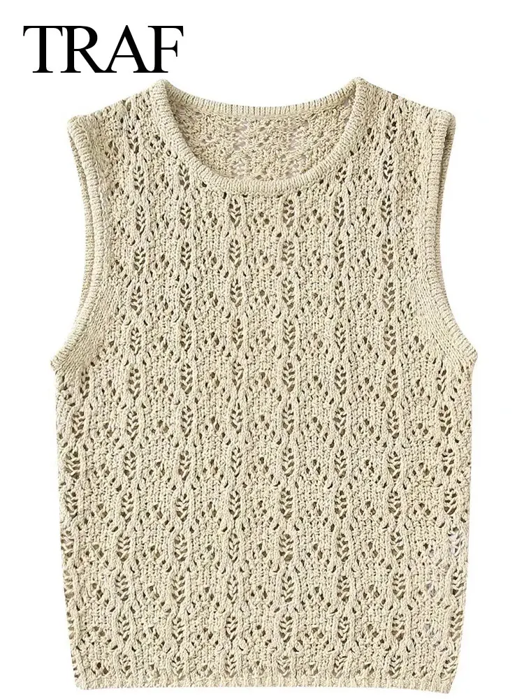 

TRAF Elegant Women's Solid Color Chic Sweater Soft Hollow Vest Round Neck Twist Pattern Casual Slim Versatile Fashion Clothing