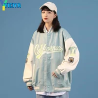 yiciya letter embroidery leather jackets coats womens blue street baseball uniform fashion loose retro top spring and autumn