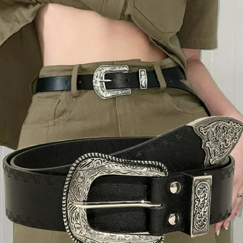 Винтажный резной ремень с металлической пряжкой