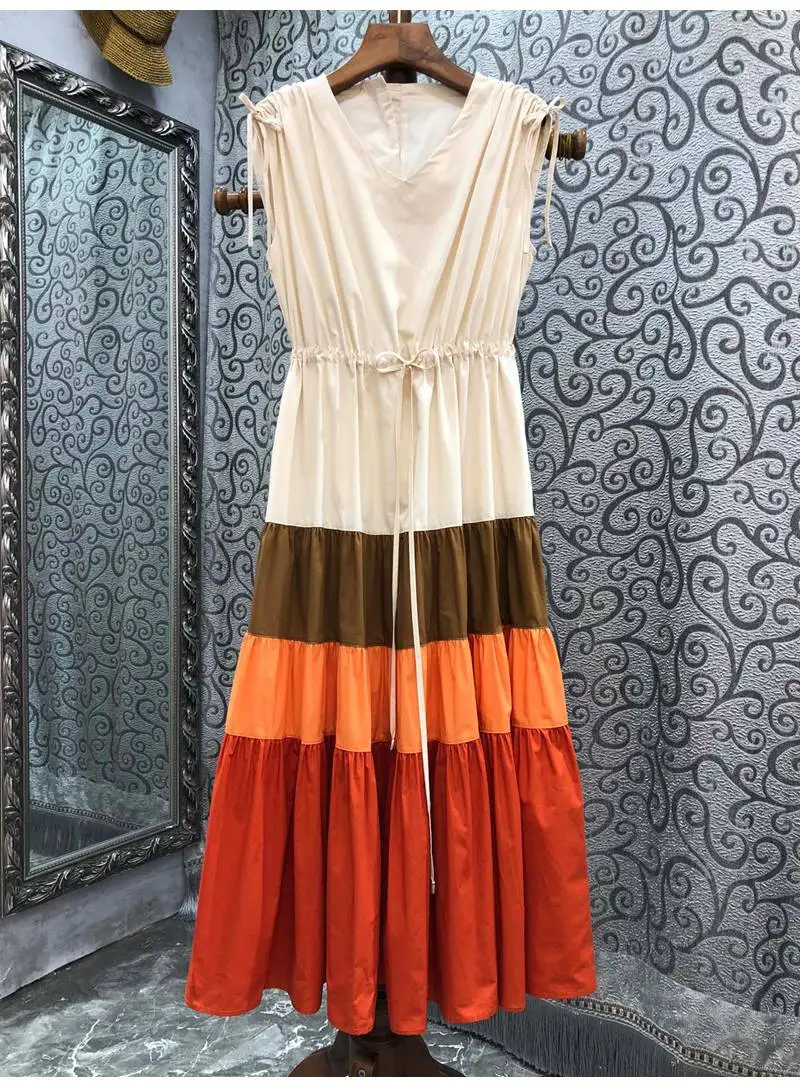 100%Cotton Dress 2022 Summer Fashion Style Women V-Neck Drawstring Waist Mid-Calf Length Sleeveless Casual Color Block Dress