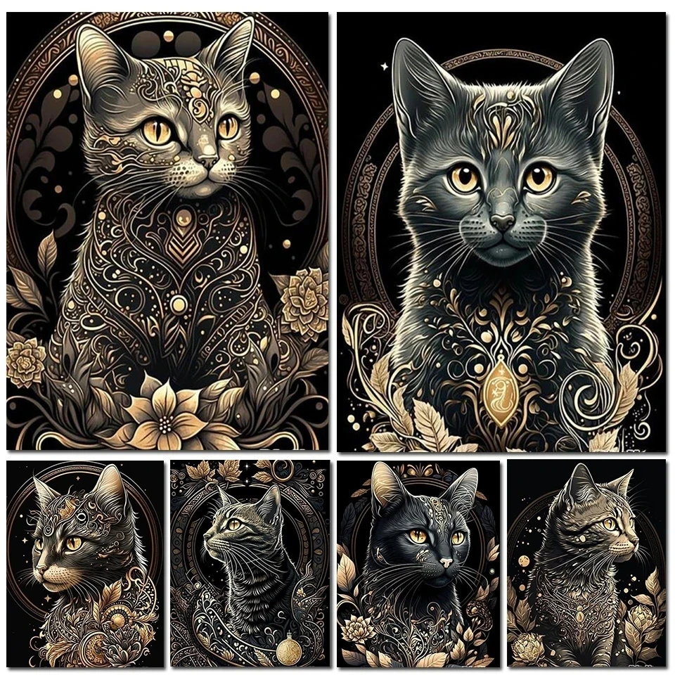 

Набор для алмазной живописи 5D «сделай сам», Алмазная мозаика с изображением черного, золотого кота, Луны, цветов, животных, ручная работа, по...