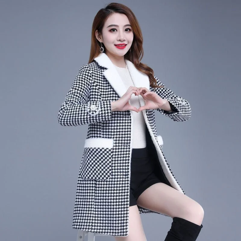 

Новинка осенне-зимнее женское пальто тысяча птиц, модная клетчатая длинная норковая бархатная куртка, женская верхняя одежда