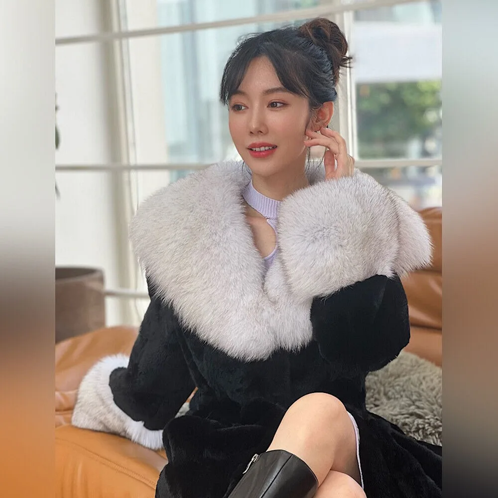 Женская куртка из натурального меха кролика рекс пальто шиншиллы шаль с лисьим