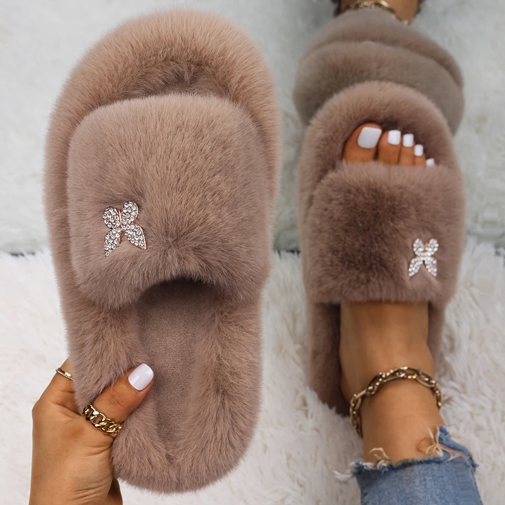 

Women 2022 Furry Slides Flip Flops Slippers Platform Fur Sandals Rhinestone Butterfly Fluffy Home Slippers Female Casual Shoes