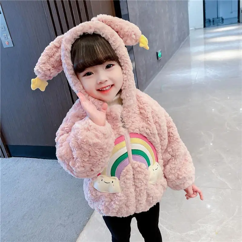 

Girls Thick Plush Jacket Quilted Western Style Children's Hooded Lamb Wool Winter Warm Jacket